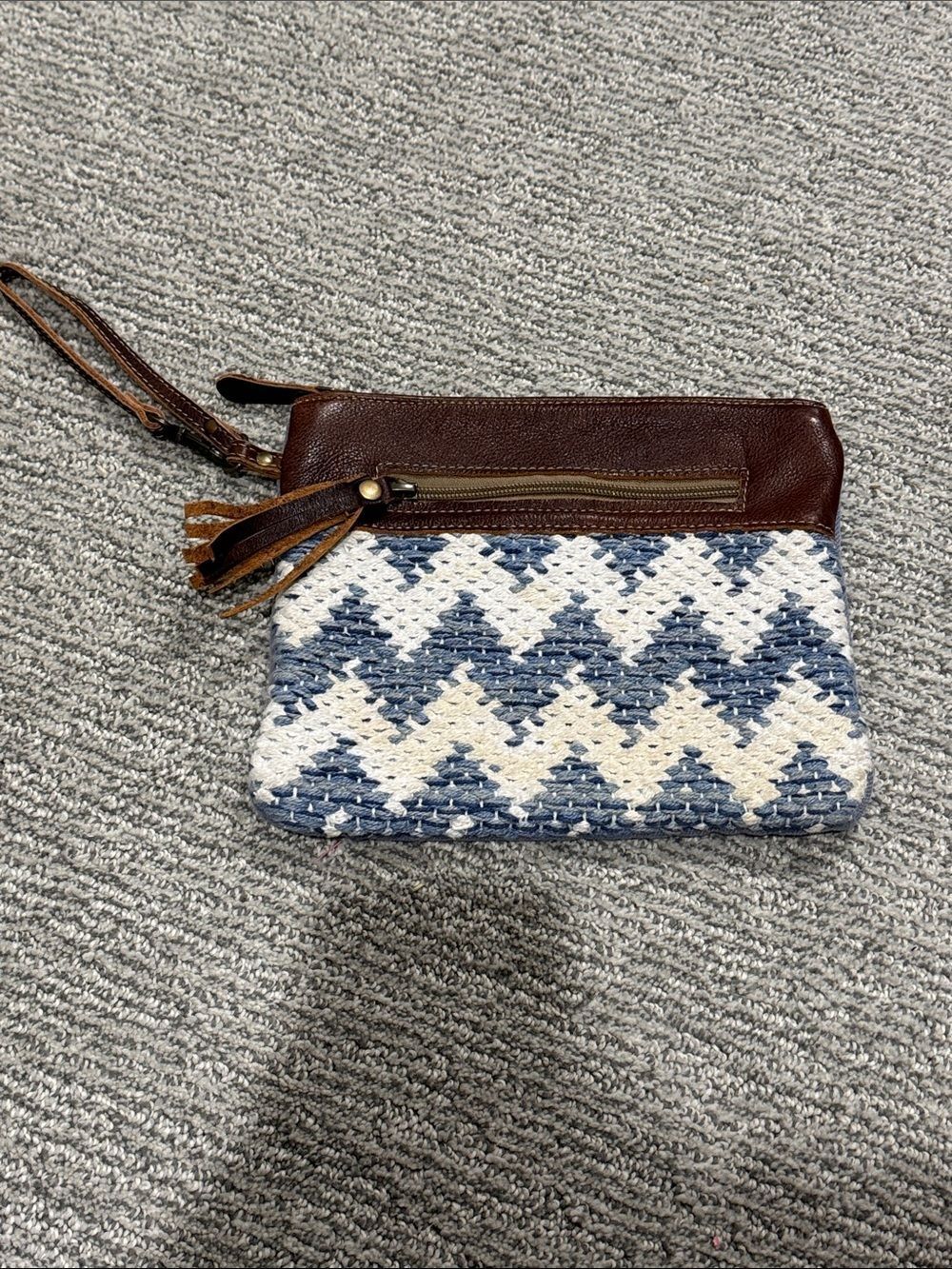 Myra Bag Blue, White & Brown Woven Chevron Wristlet